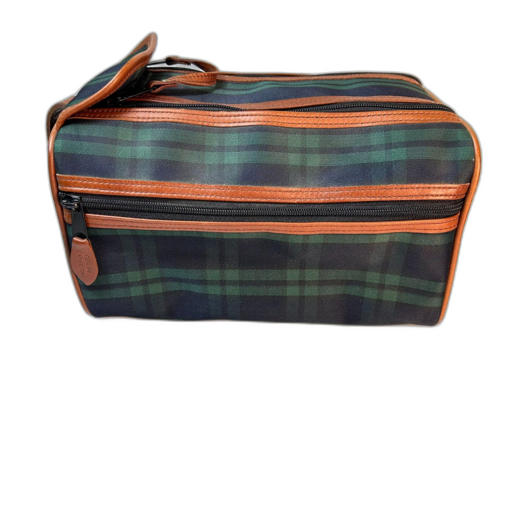 Men's NWOT Blackwatch Plaid Brown Genuine Leather Trim Travel Toiletry Bag